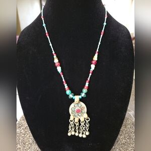 Vintage Kuchi Tribal Coin Necklace Iranian 10 Rial Boho Ethnic Glass Bead